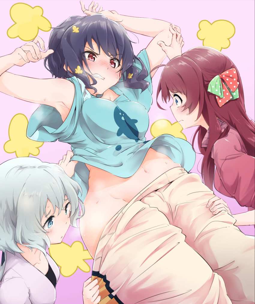 3girls, araco, armpits, black_hair, blue_eyes, blush, brown_eyes, brown_hair