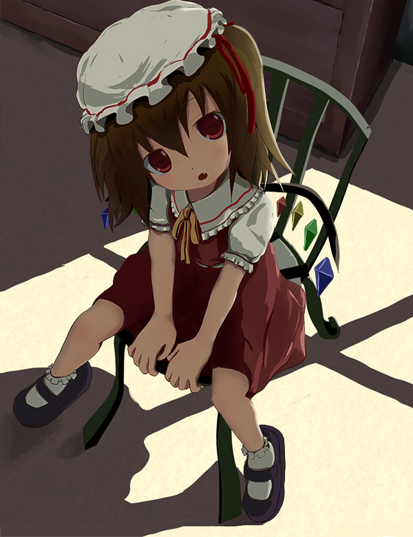 fang, flandre_scarlet, hat, popo_(0kyono0), red_eyes, ribbon, short_hair, touhou