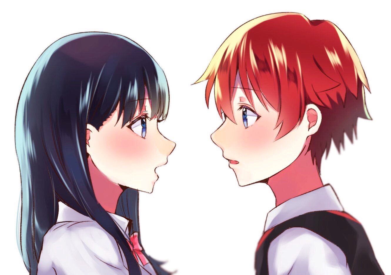 1boy, 1girl, bangs, black_hair, blue_eyes, blush, bow, bowtie