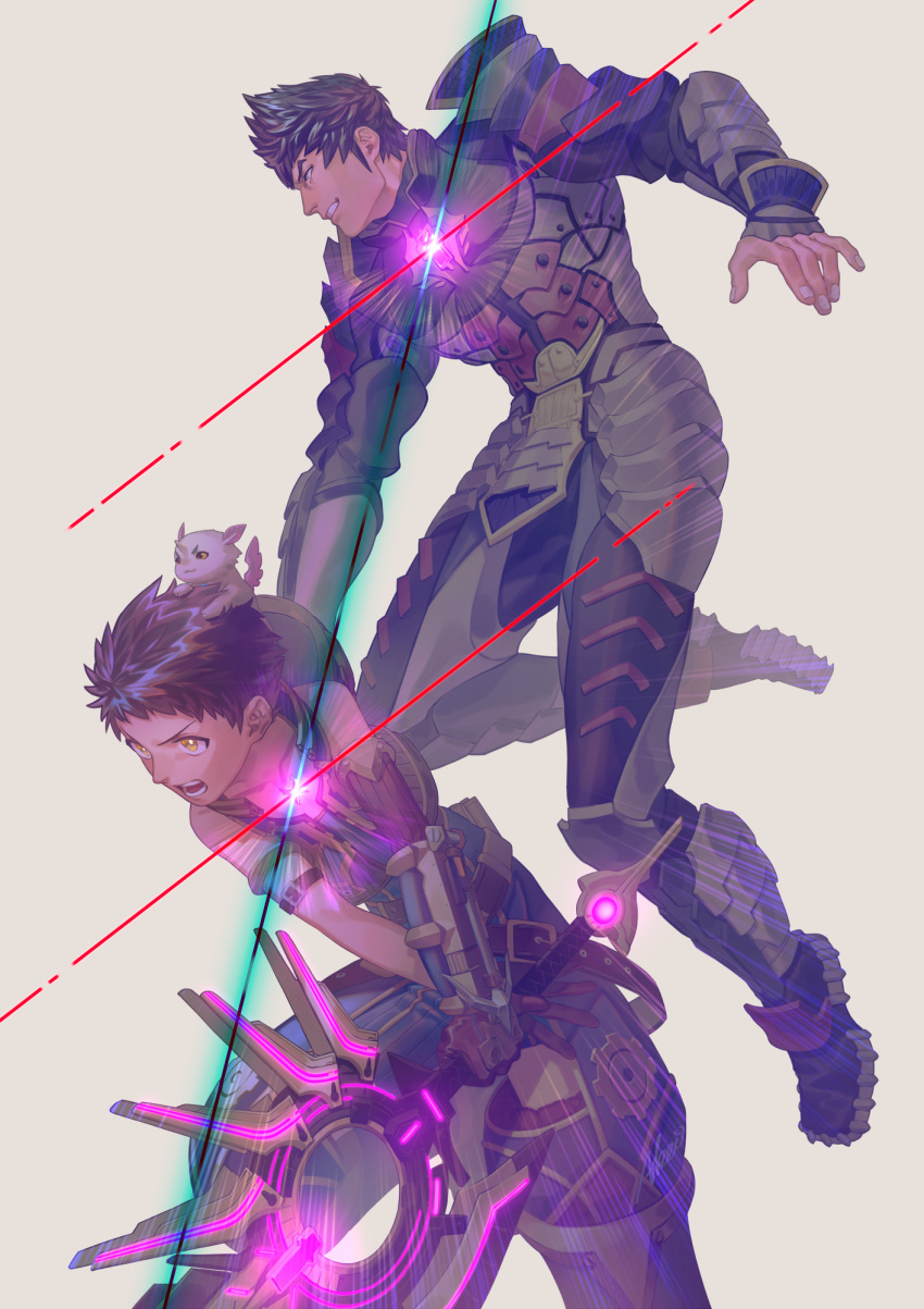 akei, alternate_universe, angry, animal, animal_on_head, armor, armored_boots, blue_legwear, blue_shirt, boots, buckle, energy_sword, floating, gears, highres, holding, lens_flare, levitation, metsu_(xenoblade), monado, nintendo, on_head, open_mouth, rex_(xenoblade_2), seiryuu_(xenoblade), shirt, sword, two-handed, two-handed_sword, weapon, xenoblade_(series), xenoblade_2