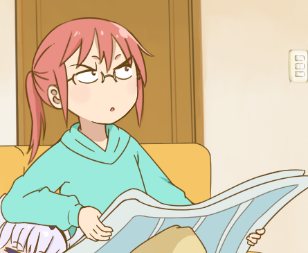 1girl, aqua_hoodie, chair, confused, door, elbow_on_another's_head, furrowed_eyebrows, glasses, grey_hair, hood, hoodie, indoors, kanna_kamui, kobayashi-san_chi_no_maidragon, kobayashi_(maidragon), kyoto_animation, legs_crossed, lowres, meme, newspaper, no_nose, parody, pink_hair, sitting, tokyo_mx, tom, tom_and_jerry, warner_bros