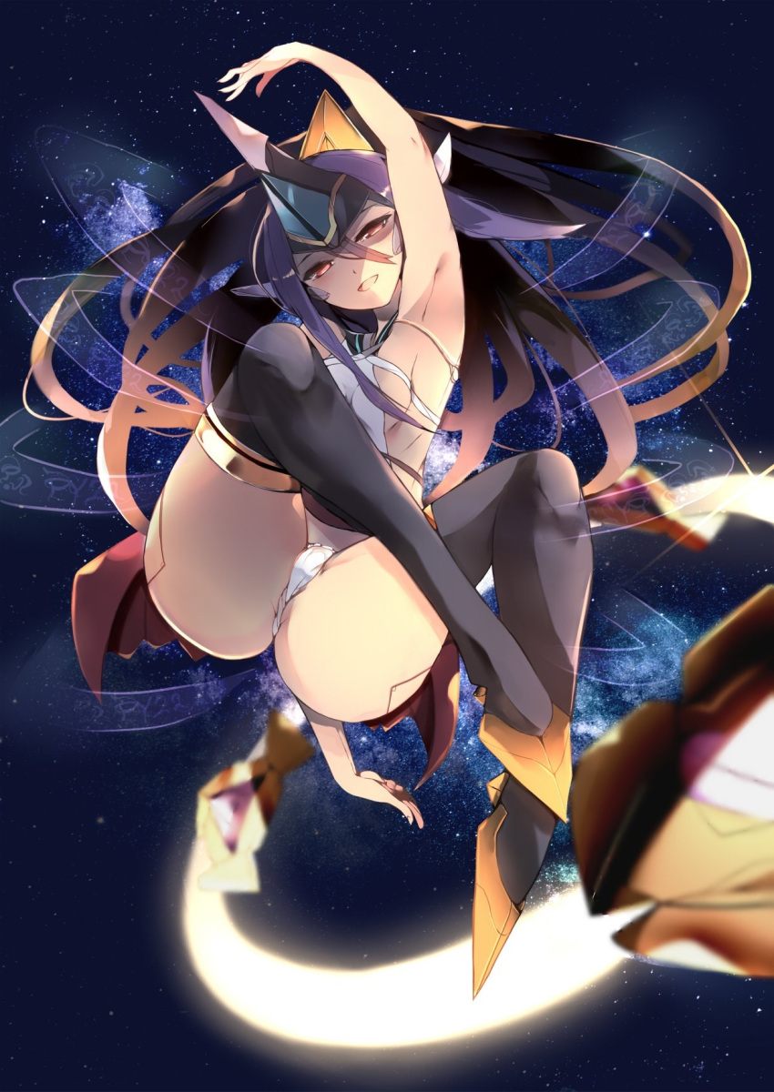 1girl, armpits, arms_up, ass, black_legwear, blazblue, breasts, fundoshi
