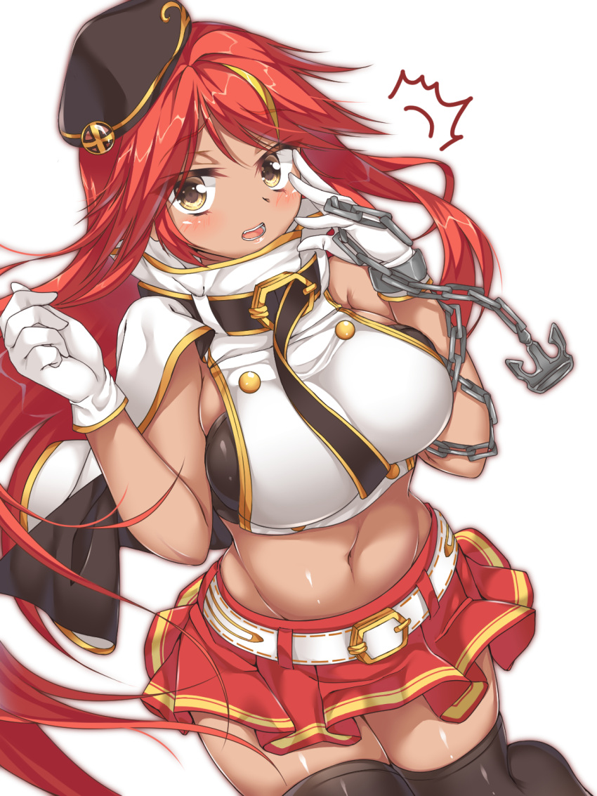 /\/\/\, 1girl, anchor, azur_lane, beret, black_legwear, blonde_hair, blush, breasts, cowboy_shot, crop_top, dark_skin, fuyukichi_(nikoniko1567), gloves, hat, highres, jamaica_(azur_lane), large_breasts, long_hair, looking_at_viewer, miniskirt, multicolored_hair, navel, open_mouth, red_skirt, redhead, shiny, shiny_skin, shirt, skirt, sleeveless, sleeveless_shirt, solo, stomach, streaked_hair, surprised, thigh-highs, white_background, white_gloves, white_shirt, yellow_eyes