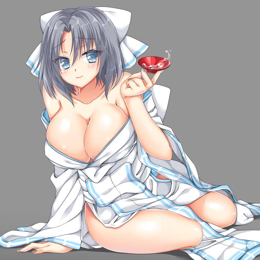 1girl, alcohol, arm_support, bare_shoulders, blue_eyes, blush, bow, breasts, choko_(cup), cleavage, closed_mouth, collarbone, cup, fuyukichi_(nikoniko1567), grey_hair, hair_bow, hair_intakes, highres, japanese_clothes, kimono, large_breasts, long_sleeves, looking_at_viewer, lying, no_bra, off_shoulder, on_side, pelvic_curtain, sake, senran_kagura, senran_kagura_shinovi_versus, short_hair, sitting, solo, tabi, thighs, white_bow, wide_sleeves, yumi_(senran_kagura)