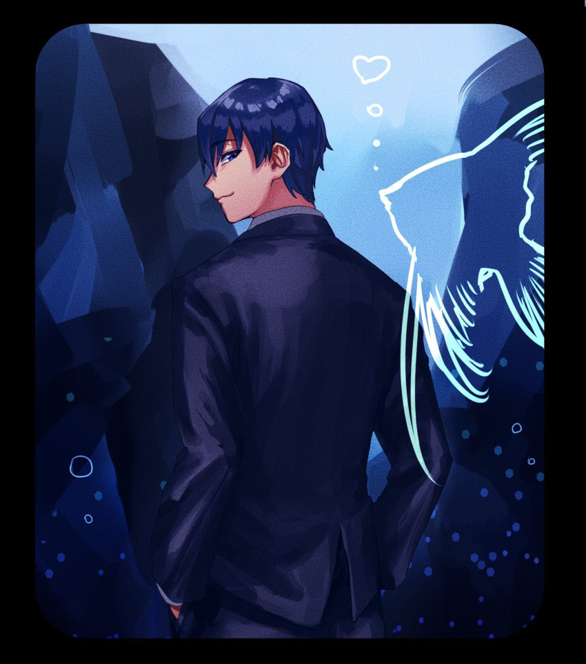 1boy, black_border, black_suit, blue_eyes, blue_hair, border, cowboy_shot, formal