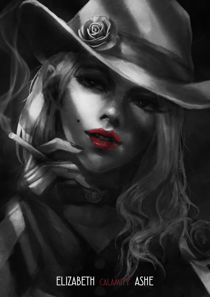 1girl, absurdres, alternate_costume, alternate_headwear, ashe_(overwatch), asymmetrical_hair, between_fingers, character_name