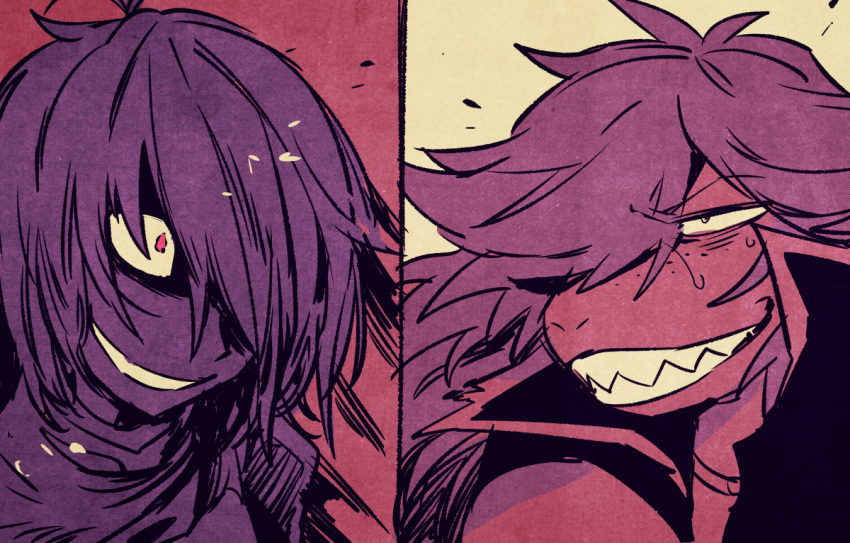 1girl, 1other, cape, deltarune, grin, hair_over_one_eye, high_collar, kris_(dark_world)_(deltarune), kris_(deltarune), limited_palette, long_hair, parted_lips, sharp_teeth, smile, split_screen, susie_(dark_world)_(deltarune), susie_(deltarune), sweat, teeth, yojigazou