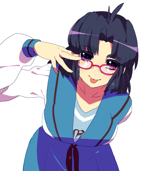 :p, bespectacled, blue_eyes, blue_hair, glasses, school_uniform, suzumiya_haruhi_no_yuuutsu, tashimo