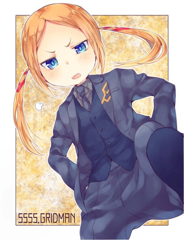 1boy, bangs, blue_eyes, borr, copyright_name, formal, hands_in_pockets, kicking, male_focus, necktie, orange_hair, outline, outside_border, parted_bangs, pov, solo, ssss.gridman, suit, twintails, waistcoat, wataame106, white_outline