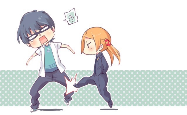 2boys, bangs, borr, chibi, formal, glasses, green_hair, green_shirt, hands_in_pockets, kicking, male_focus, multiple_boys, orange_hair, parted_bangs, rectangular_eyewear, rectangular_mouth, school_uniform, shirt, ssss.gridman, suit, tearing_up, utsumi_shou, wataame106, white_shirt