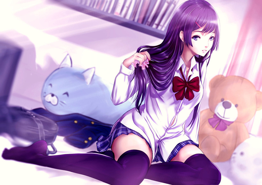 1girl, bag, black_hair, blue_eyes, blue_skirt, bookbag, bow, day