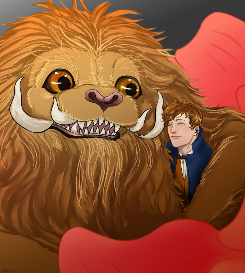 1boy, bow, bowtie, brown_hair, crying, fangs, fantastic_beasts_and_where_to_find_them, freckles, green_eyes, highres, horns, male_focus, newt_scamander, open_mouth, solo, zouwu