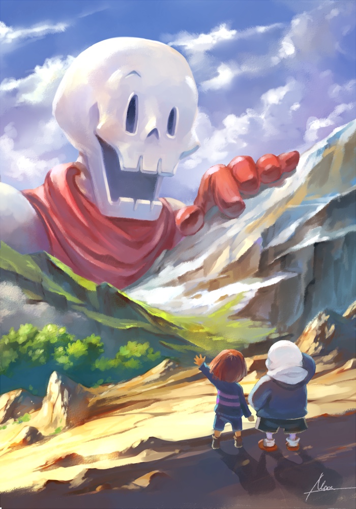 1other, 2boys, :d, alternate_size, artist_name, blue_sky, brothers, cliff