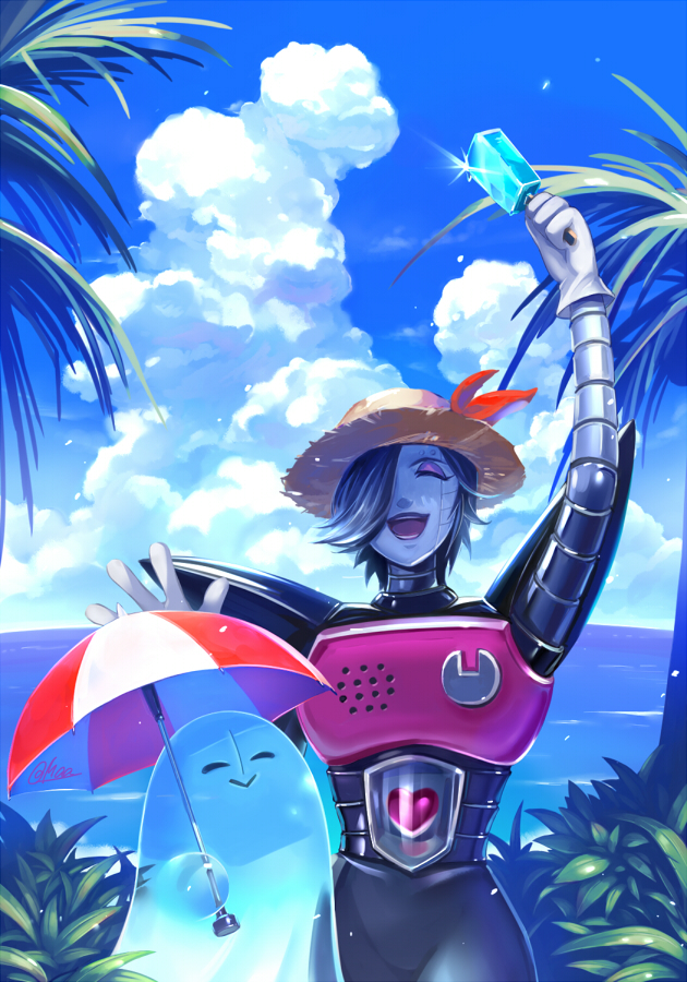 1boy, 1other, android, arm_up, artist_name, beach, closed_eyes, clouds, cousins, day, facing_viewer, food, ghost, gloves, hat, heart, maa_tc, mettaton, mettaton_ex, napstablook, ocean, open_mouth, outdoors, palm_tree, popsicle, robot, short_hair, sky, sparkle, straw_hat, sun_hat, tree, umbrella, undertale, utdr_(toby_fox), white_gloves