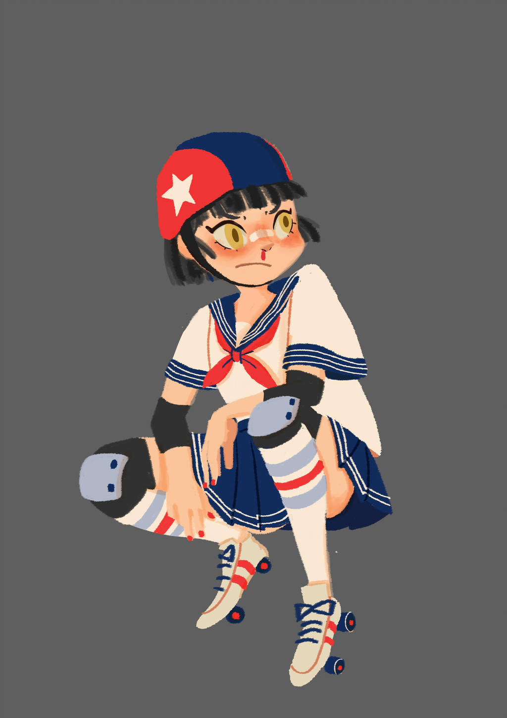 1girl, black_hair, blood, blue_sailor_collar, blue_skirt, closed_mouth, commentary, elbow_pads