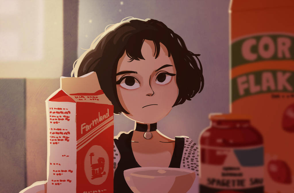 1girl, :/, asymmetrical_bangs, backlighting, bangs, black_choker, black_eyes, black_hair, blank_stare, blurry, bob_cut, bowl, box, choker, day, depth_of_field, frown, jewelry, leon_the_professional, looking_at_viewer, mathilda_lando, milk_carton, mona_(h-rabbit), pendant, short_hair, solo, sunlight