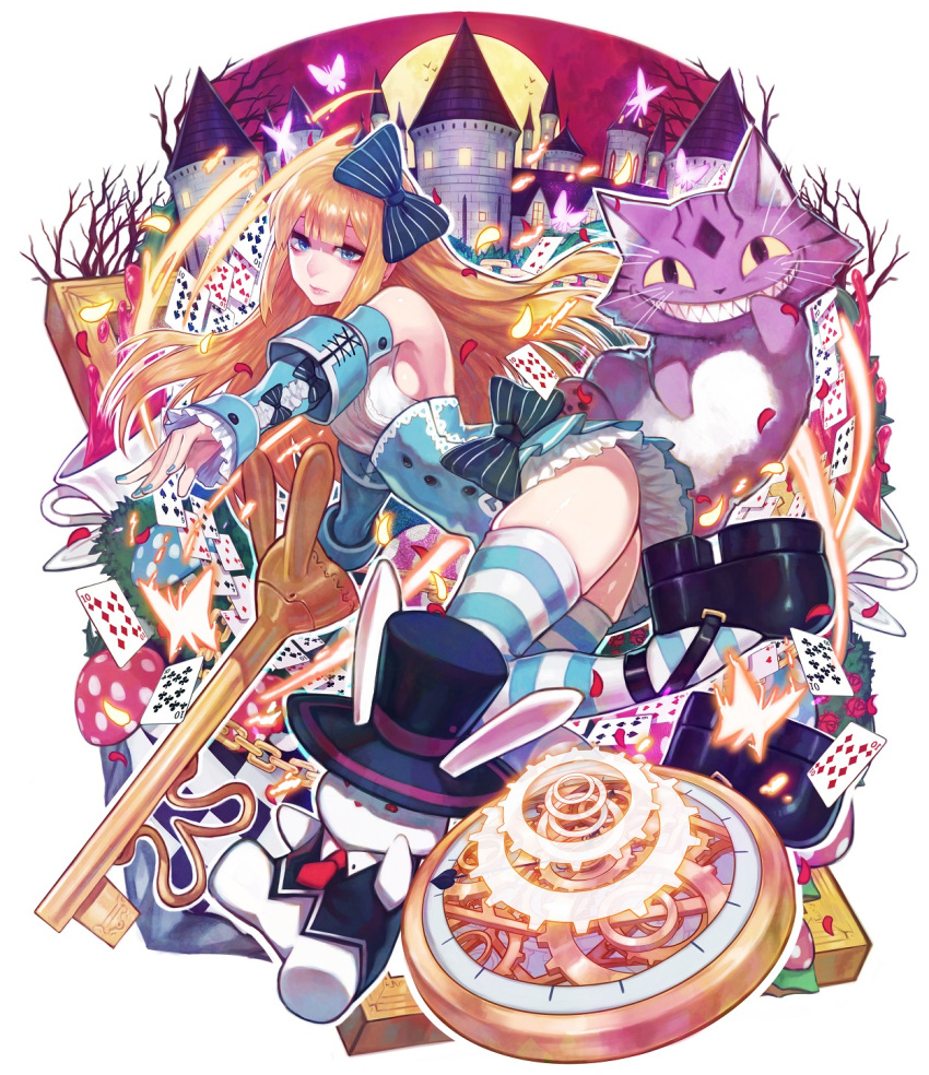 1girl, alice_(wonderland), alice_in_wonderland, black_footwear, black_hat, blonde_hair, blue_eyes, blue_legwear