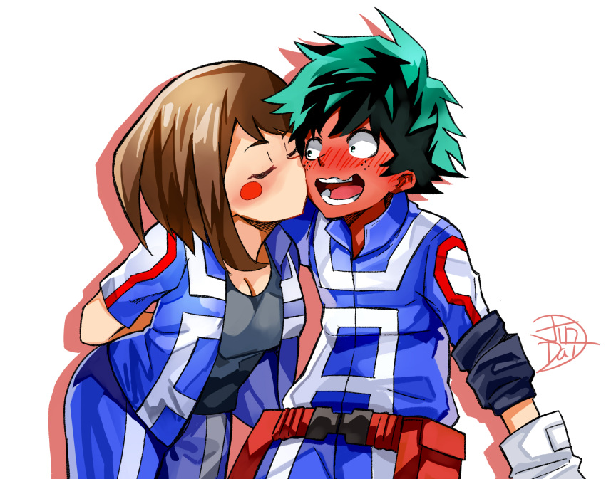 1boy, 1girl, black_undershirt, blush, blush_stickers, boku_no_hero_academia, breasts, brown_hair