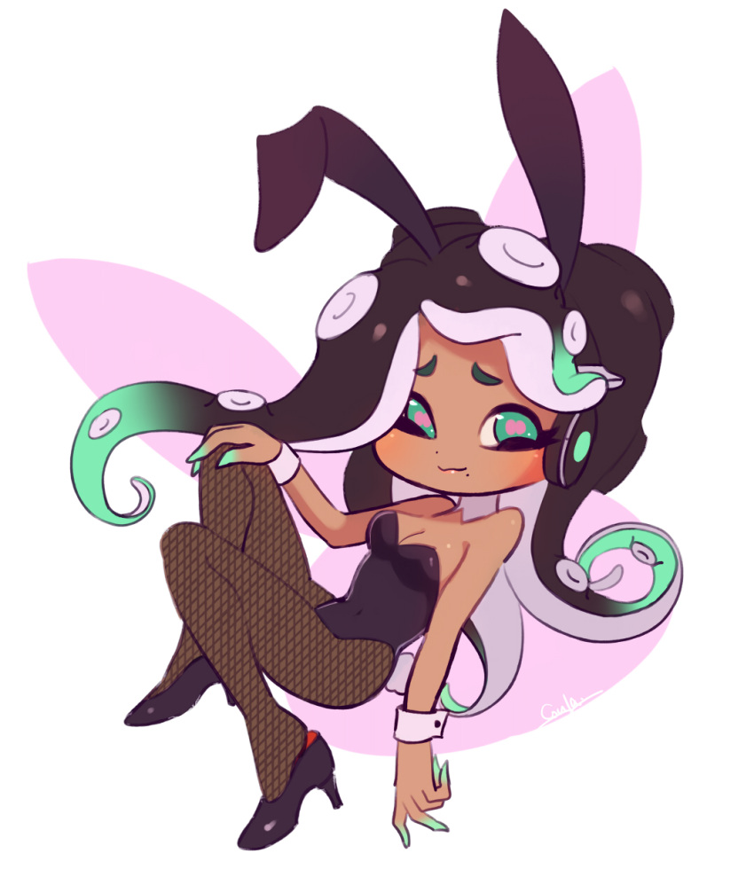 1girl, animal_ears, animal_print, artist_name, black_footwear, black_hair, black_legwear, black_leotard