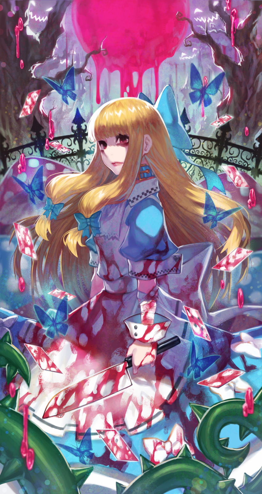 1girl, absurdres, alice_(wonderland), alice_in_wonderland, apron, arm_wrap, bandage, bandages