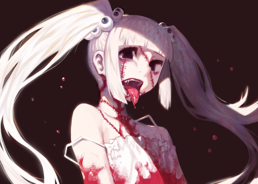 1girl, absurdres, bangs, black_eyes, blood, blood_on_arm, bloody_clothes, bloody_dress