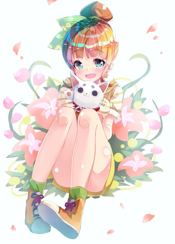 1girl, :d, blue_eyes, brown_footwear, convenient_leg, enishi_(himote_house), eyebrows_visible_through_hair, fang