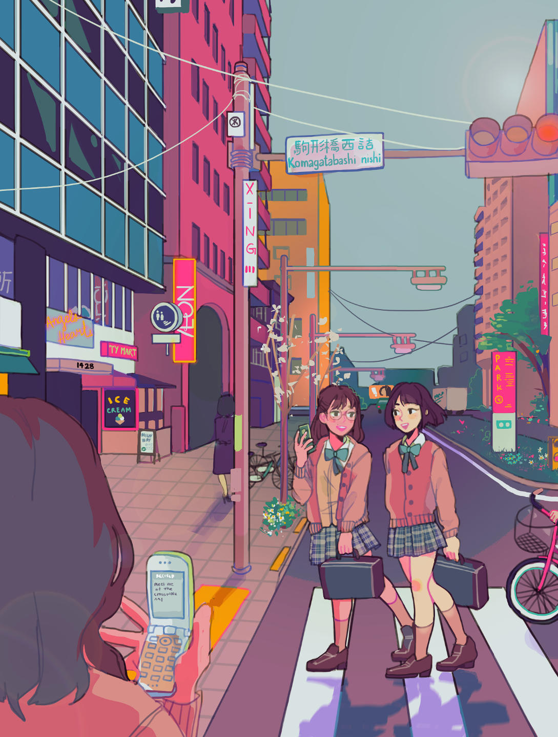 4girls, :d, arm_at_side, arm_up, arms_at_sides, bicycle, bicycle_basket, black_shirt