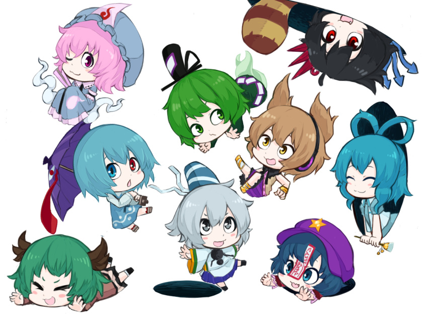6+girls, :3, :o, animal_ears, anklet, asymmetrical_wings, bangle, black_hair, black_hat, blue_dress, blue_eyes, blue_hair, blue_hat, blue_kimono, blue_skirt, blush_stickers, bracelet, brown_dress, brown_hair, chibi, closed_eyes, closed_mouth, commentary_request, dress, earmuffs, fan, folding_fan, futatsuiwa_mamizou, geta, ghost_tail, green_dress, green_eyes, green_hair, grey_eyes, grey_hair, hair_rings, hat, heterochromia, hitodama, holding, holding_umbrella, hole, houjuu_nue, jakomurashi, japanese_clothes, jewelry, kaku_seiga, kariginu, kasodani_kyouko, kimono, long_sleeves, lying, miyako_yoshika, mob_cap, mononobe_no_futo, multiple_girls, ofuda, on_stomach, one_eye_closed, pink_eyes, pink_hair, pointy_hair, purple_hat, purple_skirt, raccoon_tail, red_eyes, red_shirt, saigyouji_yuyuko, shirt, simple_background, skirt, sleeves_past_fingers, sleeves_past_wrists, smile, soga_no_tojiko, star, tail, tatara_kogasa, tate_eboshi, ten_desires, touhou, toyosatomimi_no_miko, triangular_headpiece, umbrella, white_background, wide_sleeves, wings, yellow_eyes