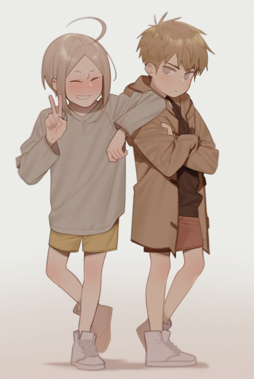 19_tian, 2girls, ahoge, arm_on_shoulder, asymmetrical_bangs, bangs, black_shirt, blush, brown_hair, brown_shorts, buttons, closed_eyes, commentary, crossed_arms, e7_(runaway162), full_body, gradient, gradient_background, grey_background, grey_shirt, grin, highres, hood, hooded_jacket, jacket, long_sleeves, looking_at_viewer, male_focus, multiple_girls, open_clothes, open_jacket, parted_bangs, shirt, shoes, shorts, smile, sneakers, v, white_footwear, yellow_shorts