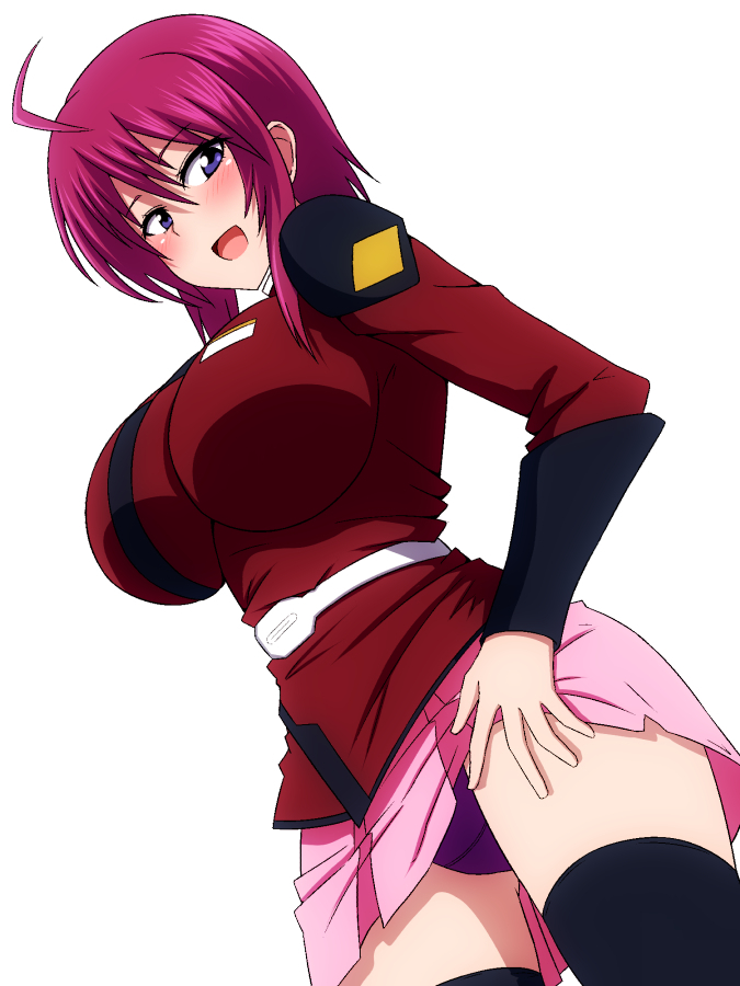 :d, ahoge, ayame_(gundam_build_divers), black_legwear, blush, breasts, cosplay, gundam, gundam_build_divers, gundam_seed, hair_between_eyes, large_breasts, long_sleeves, looking_at_viewer, lunamaria_hawke, lunamaria_hawke_(cosplay), marupuni, military, military_uniform, open_mouth, panties, pink_skirt, purple_hair, purple_panties, short_hair, simple_background, skirt, smile, thigh-highs, underwear, uniform, upskirt, violet_eyes, white_background
