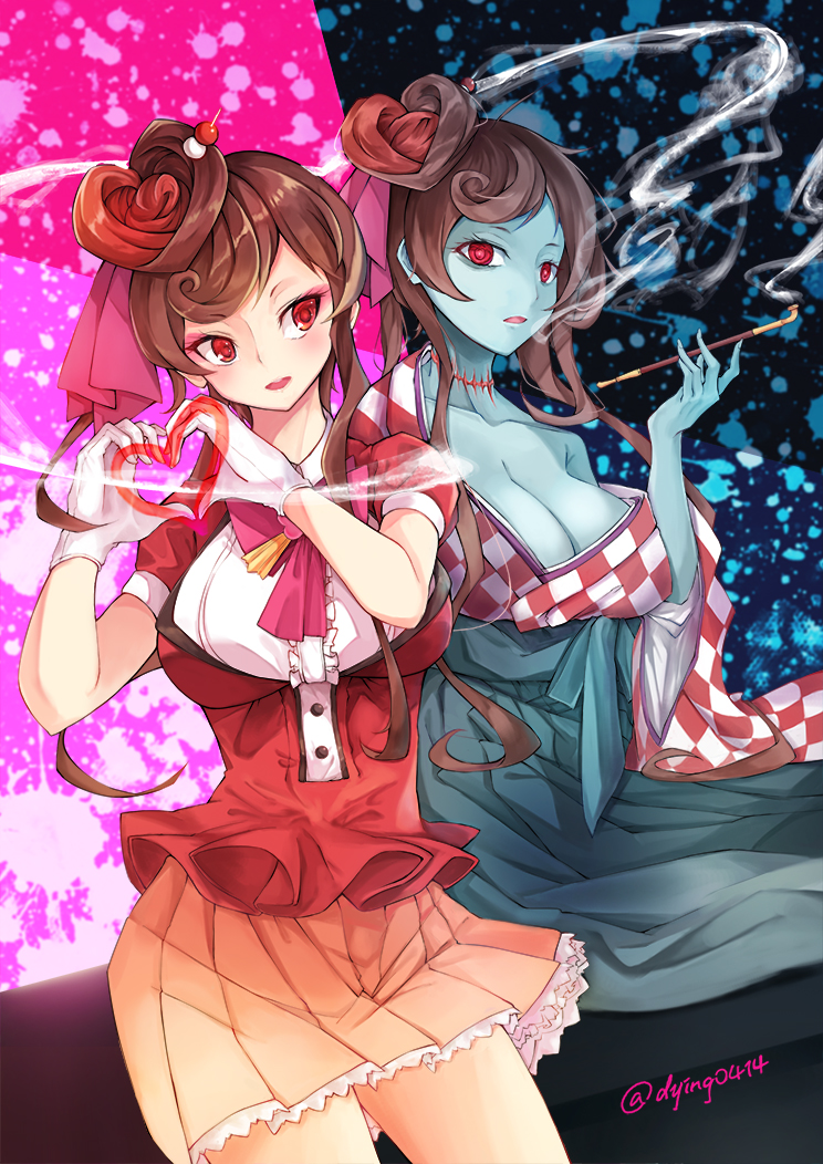 1girl, blue_skin, bow, breasts, brown_hair, checkered, checkered_kimono, dying_(dying0414)