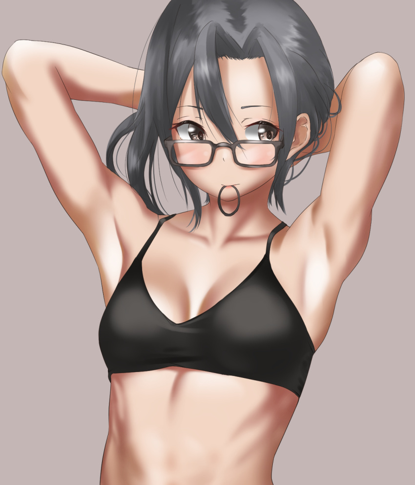 1girl, amagiri_(kantai_collection), black_bra, bra, breasts, glasses, grey_background, grey_eyes, grey_hair, hair_between_eyes, highres, kantai_collection, looking_at_viewer, ponytail, simple_background, small_breasts, solo, tama_(seiga46239239), underwear