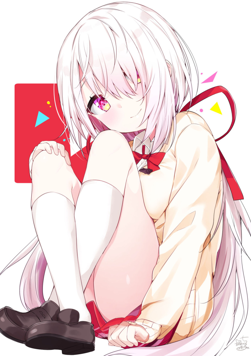 1girl, arm_support, bangs, blush, bow, bowtie, brown_footwear, brown_sweater