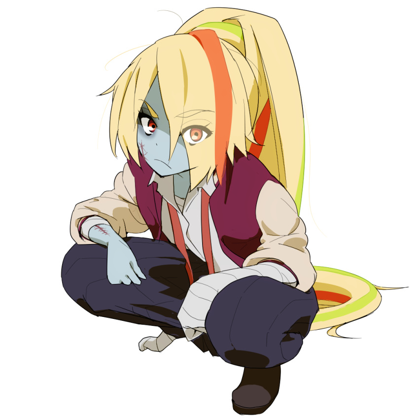 1girl, bandage, blonde_hair, blue_skirt, eyebrows_visible_through_hair, eyes_visible_through_hair, facial_scar, frown, green_hair, hair_over_one_eye, jacket, letterman_jacket, long_hair, looking_at_viewer, multicolored_hair, nikaidou_saki, orange_hair, pettan, pleated_skirt, ponytail, red_eyes, scar, skirt, slav_squatting, streaked_hair, undone_necktie, v-shaped_eyebrows, zombie, zombie_land_saga