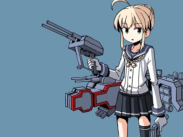 1girl, adapted_turret, adrian_ferrer, ahoge, artoria_pendragon_(all), asymmetrical_legwear, blonde_hair, blue_background