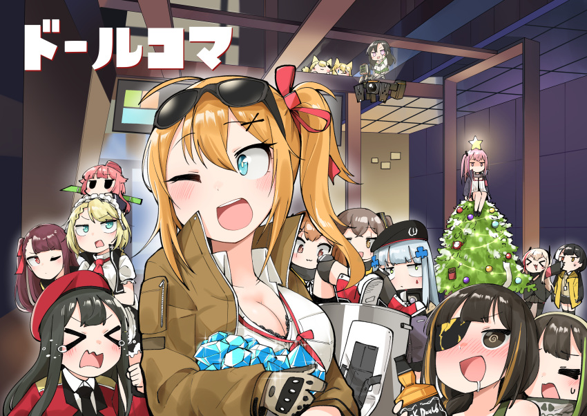 >_<, 404_(girls_frontline), 6+girls, :d, absurdres, anti-rain_(girls_frontline), armband, bangs, beret, blazer, blonde_hair, blush, breasts, brown_eyes, brown_hair, chibi, christmas_ornaments, christmas_tree, closed_mouth, commander_(girls_frontline), crying, drone, drooling, drunk, eyebrows_visible_through_hair, eyepatch, fairy_(girls_frontline), g11_(girls_frontline), g36_(girls_frontline), g41_(girls_frontline), girls_frontline, gloves, green_eyes, hair_ornament, hair_ribbon, half_updo, hat, highres, hk416_(girls_frontline), idw_(girls_frontline), indoors, jack_daniel's, jacket, junsuina_fujunbutsu, kalina_(girls_frontline), knee_pads, large_breasts, long_hair, looking_at_viewer, m16a1_(girls_frontline), m4_sopmod_ii_(girls_frontline), m4a1_(girls_frontline), multicolored_hair, multiple_girls, necktie, ntw-20_(girls_frontline), one_side_up, open_mouth, pink_hair, purple_hair, red_eyes, ribbon, ro635_(girls_frontline), scar, scar_across_eye, shaded_face, shirt, silver_hair, smile, st_ar-15_(girls_frontline), star, streaked_hair, sweatdrop, twintails, ump45_(girls_frontline), ump9_(girls_frontline), upside-down, very_long_hair, wa2000_(girls_frontline), wavy_mouth, xd
