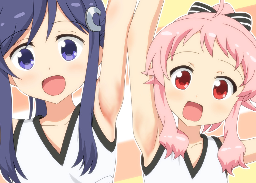 2girls, ahoge, anima_yell!, arima_hizume, armpits, arms_up, blue_eyes, blue_hair, bow, cheerleader, collarbone, eyebrows_visible_through_hair, hair_bow, hair_ornament, hatoya_kohane, highres, long_hair, multiple_girls, ogyadya, open_mouth, pink_hair, ponytail, red_eyes, sidelocks, sleeveless, smile
