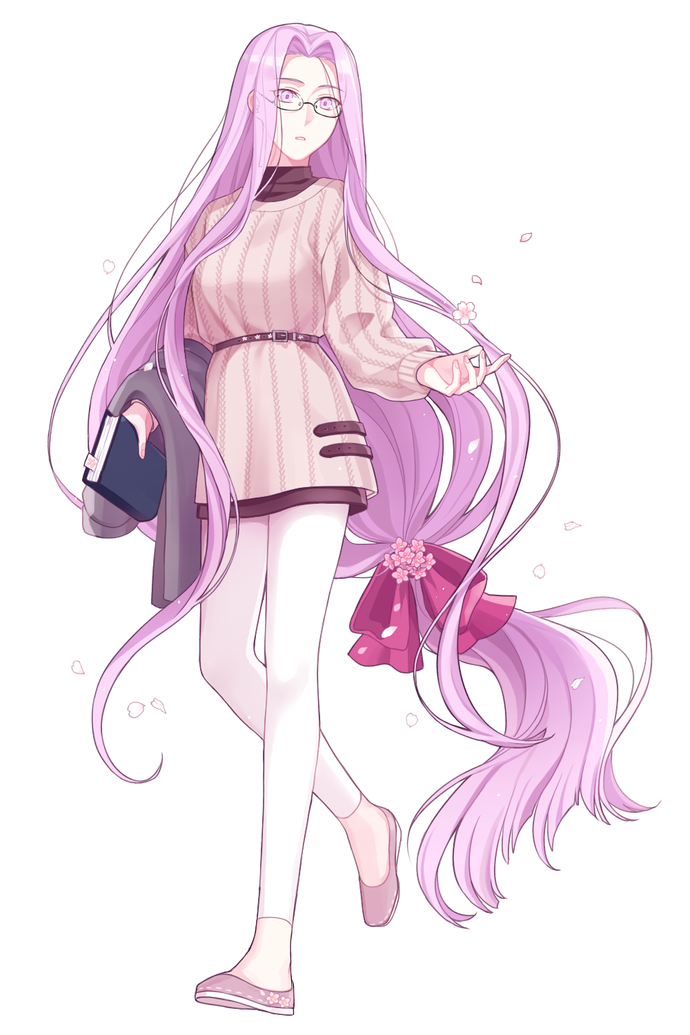 1girl, bangs, book, bow, casual, cherry_blossoms, contemporary, fate/grand_order