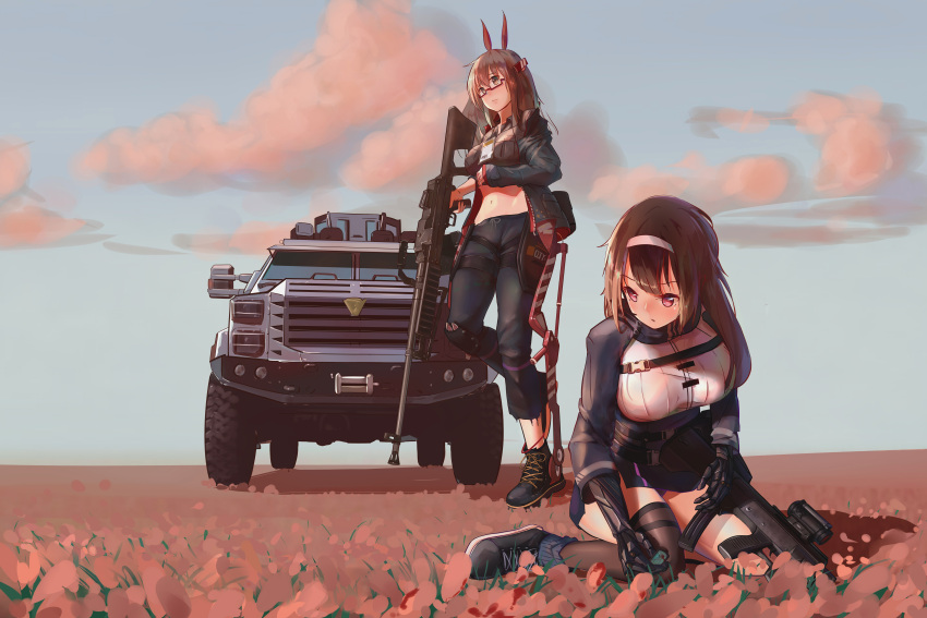 2girls, absurdres, animal_ears, chinese_commentary, commentary_request, exoskeleton, field, flower