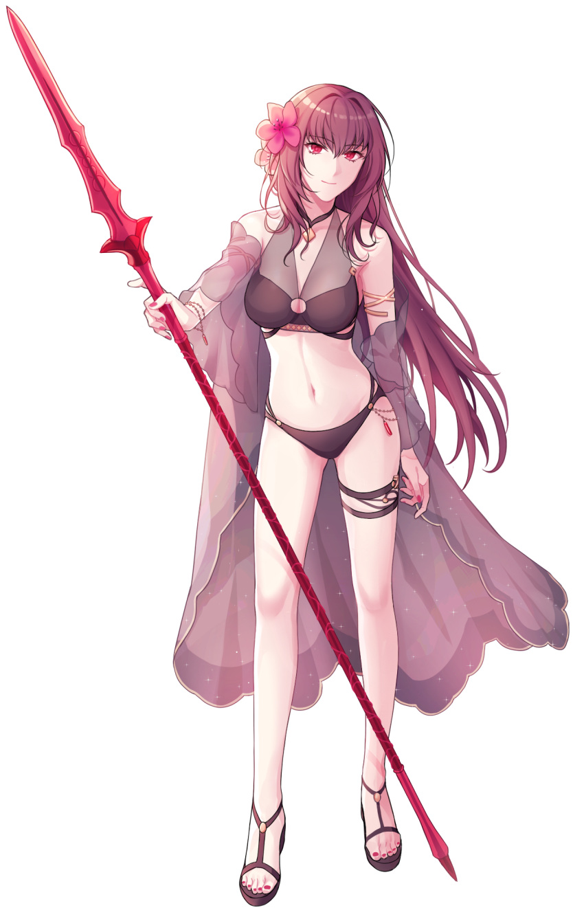 1girl, alternate_costume, armlet, bare_legs, bikini, black_bikini, black_cape, black_footwear