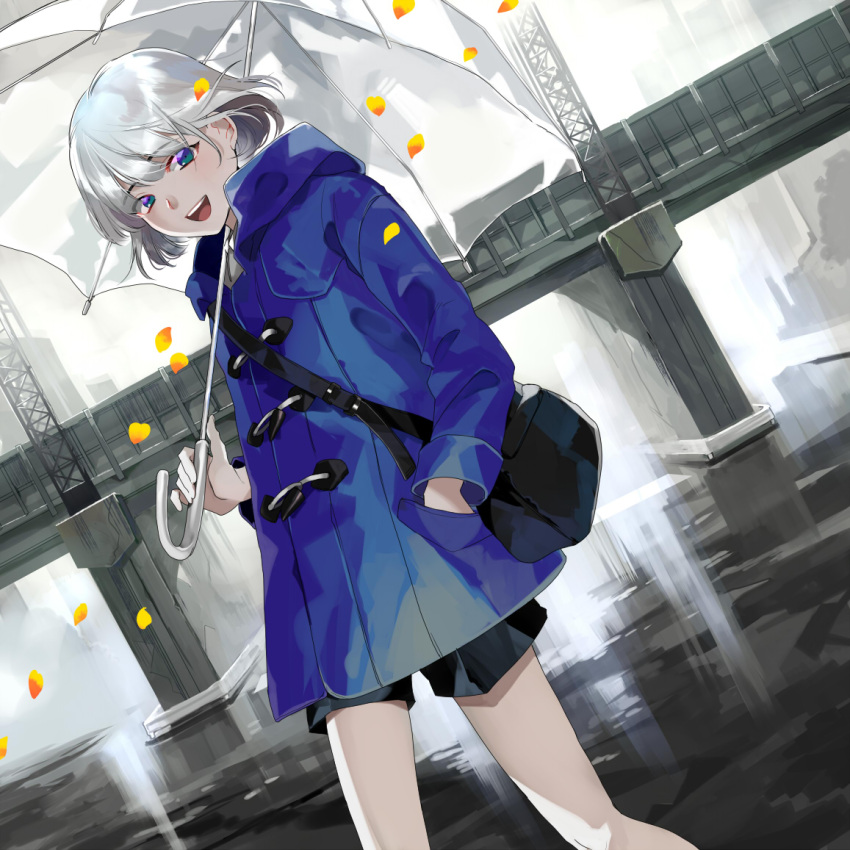 1boy, :d, androgynous, bag, black_short, blue_coat, blue_eyes, bridge