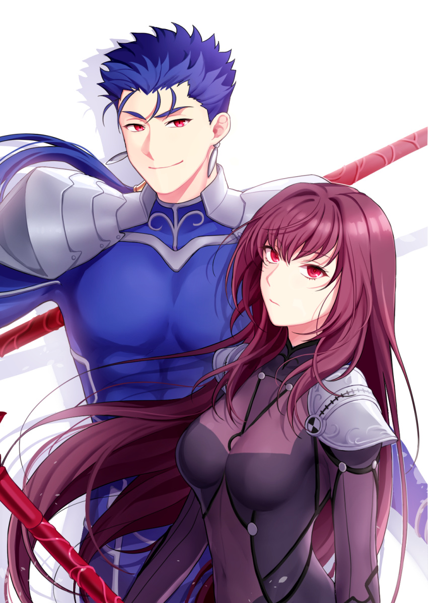 1boy, 1girl, blue_bodysuit, blue_hair, bodysuit, closed_mouth, earrings, expressionless