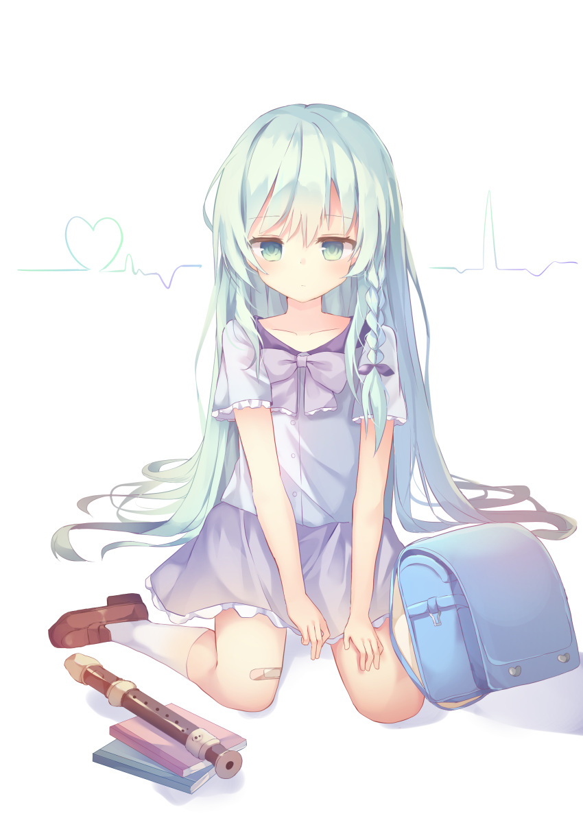 1girl, absurdres, backpack, bag, bandaid, bangs, black_ribbon, blush