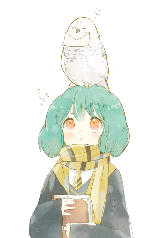 1girl, alternate_costume, animal, animal_on_head, bird, bird_on_head, book, cosplay