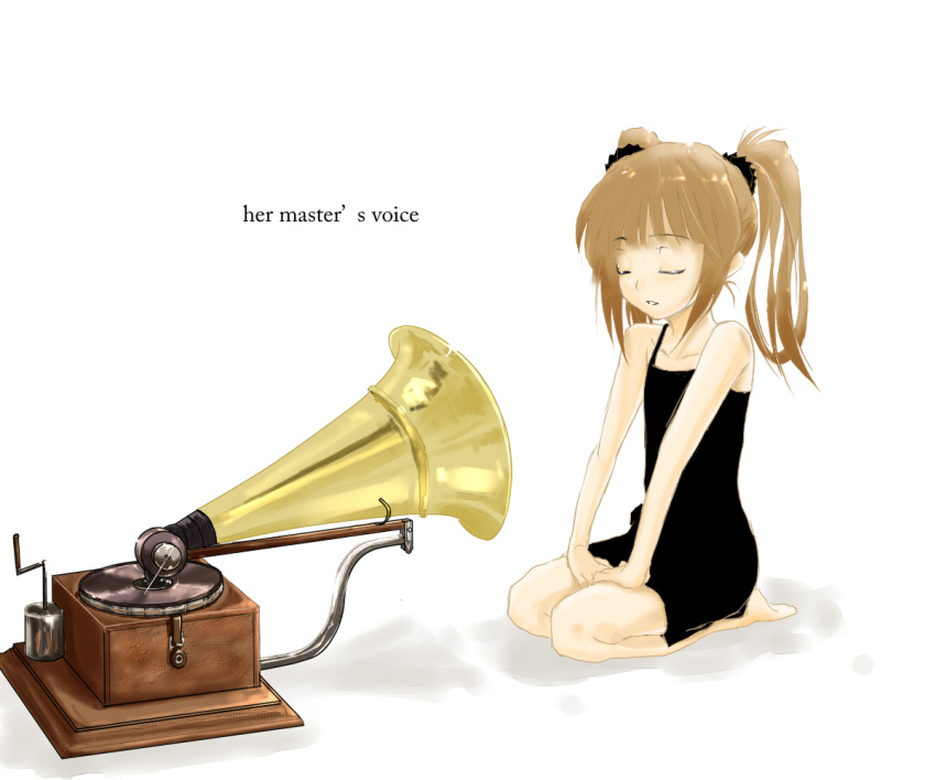 bare_shoulders, brown_hair, cif, closed_eyes, dress, fine_art_parody, his_master's_voice, his_master's_voice