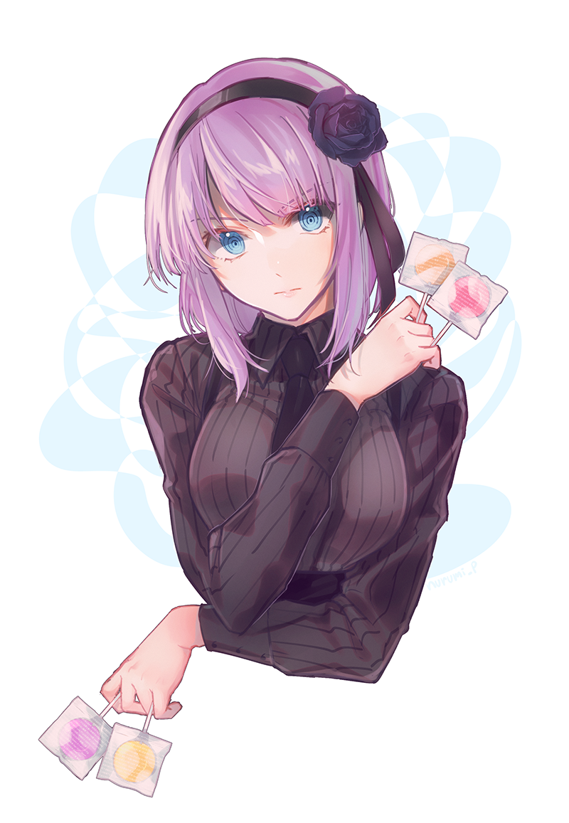 1girl, black_flower, black_hairband, black_neckwear, black_ribbon, black_rose, black_sweater, blue_eyes, candy, cropped_torso, dagashi_kashi, flower, food, hair_flower, hair_ornament, hair_ribbon, hairband, head_tilt, holding, lollipop, long_hair, long_sleeves, looking_at_viewer, necktie, nurumi_p, purple_hair, ribbed_sweater, ribbon, rose, shidare_hotaru, shiny, shiny_hair, solo, sweater, white_background