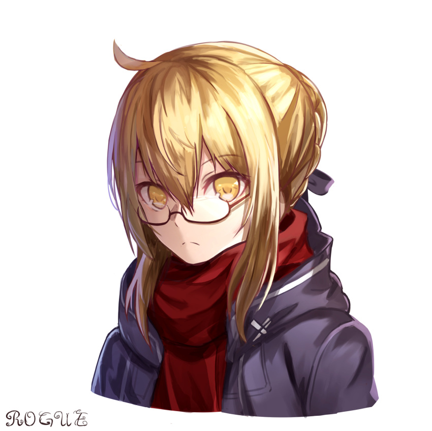 1girl, ahoge, artist_name, artoria_pendragon_(all), black_jacket, black_ribbon, blacktheif, blonde_hair