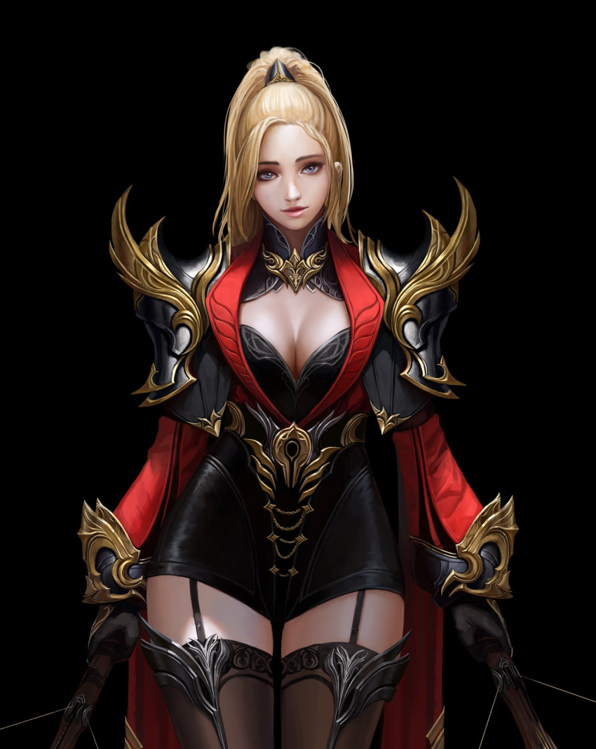 1girl, black_background, black_dress, black_gloves, blonde_hair, breasts, brown_legwear, cleavage