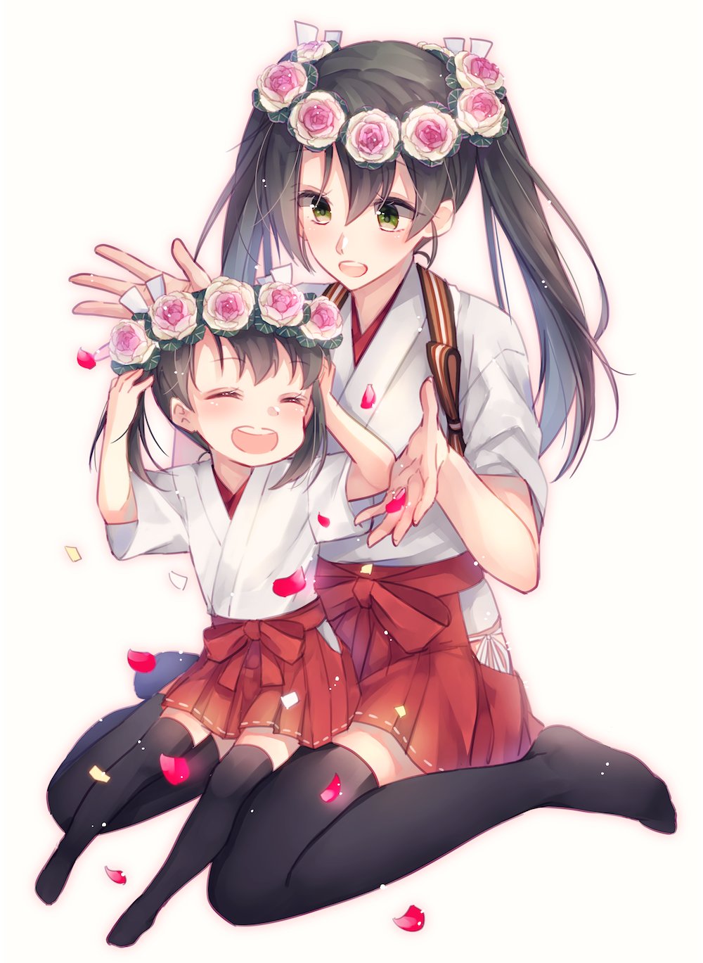 2girls, black_legwear, blush, closed_eyes, commentary, dual_persona, flower, flower_wreath, full_body, green_eyes, green_hair, grey_hair, hair_between_eyes, hair_ornament, hair_ribbon, hakama, hakama_skirt, highres, hip_vent, japanese_clothes, kantai_collection, kimono, multiple_girls, no_shoes, open_mouth, petals, red_hakama, remodel_(kantai_collection), ri_(aya_pine), ribbon, round_teeth, simple_background, sitting, sitting_on_lap, sitting_on_person, smile, tasuki, teeth, thigh-highs, twintails, white_background, white_kimono, white_ribbon, younger, zuikaku_(kantai_collection)