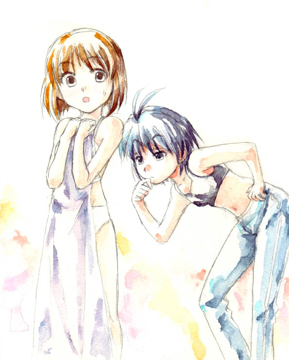 bare_shoulders, bent_over, black_eyes, black_hair, bra, brown_eyes, brown_hair, clothes_in_front, dress, hagiwara_yukiho, hand_on_hip, hands_on_hips, hoshi_sukii, idolmaster, jeans, kikuchi_makoto, leaning_forward, lingerie, midriff, panties, short_hair, sports_bra, sweatdrop, traditional_media, underwear, undressing, white_panties, yukimako
